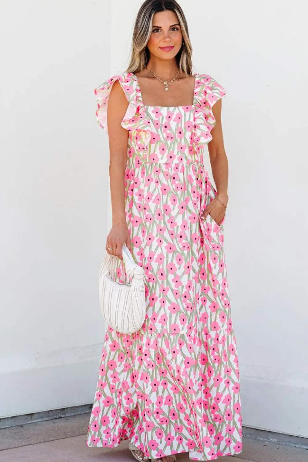 Fashion Dear-Lover Floral Print Square Neck Ruffled Strap Maxi Dress Pink