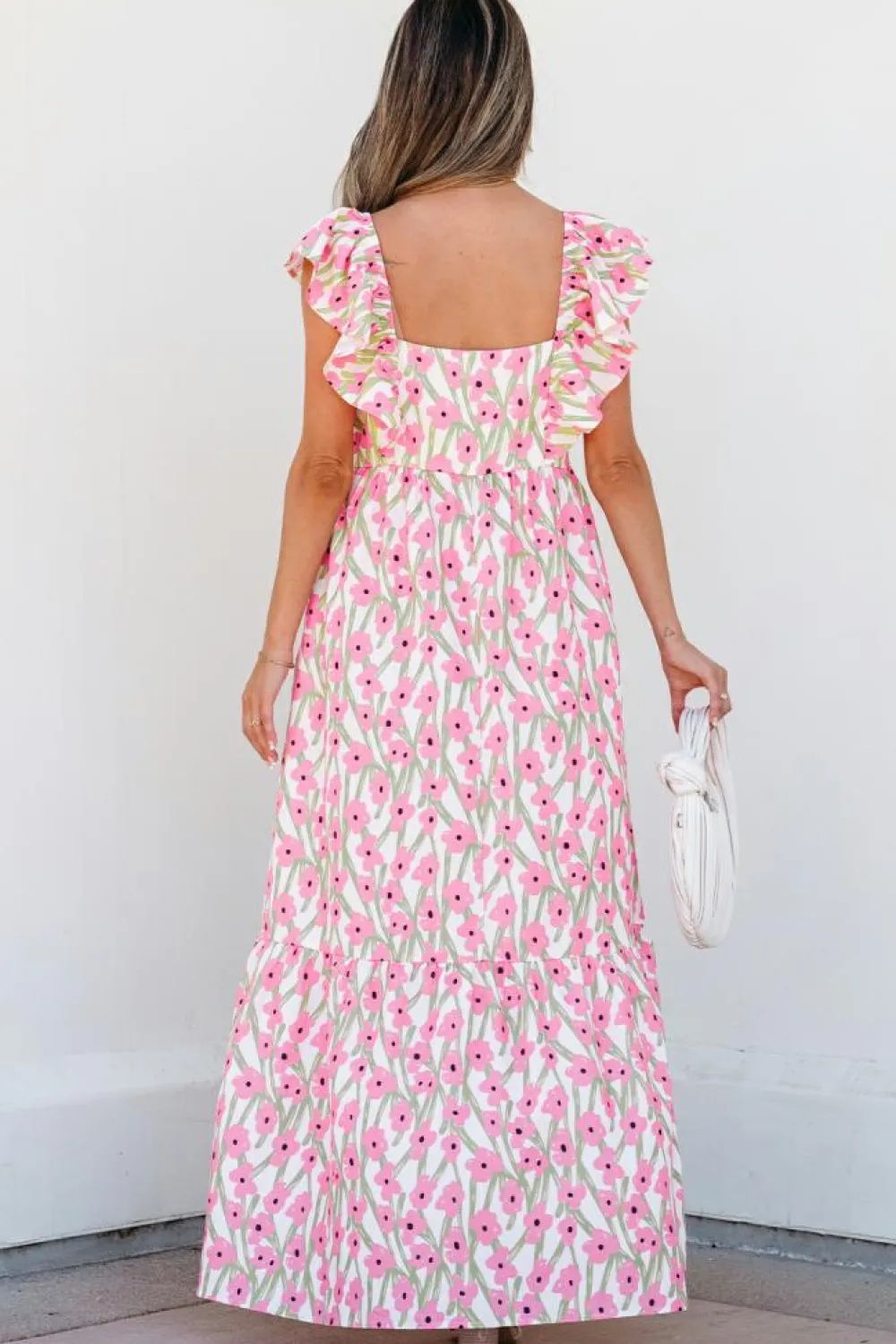 Fashion Dear-Lover Floral Print Square Neck Ruffled Strap Maxi Dress Pink
