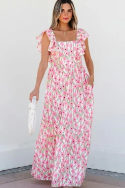 Fashion Dear-Lover Floral Print Square Neck Ruffled Strap Maxi Dress Pink
