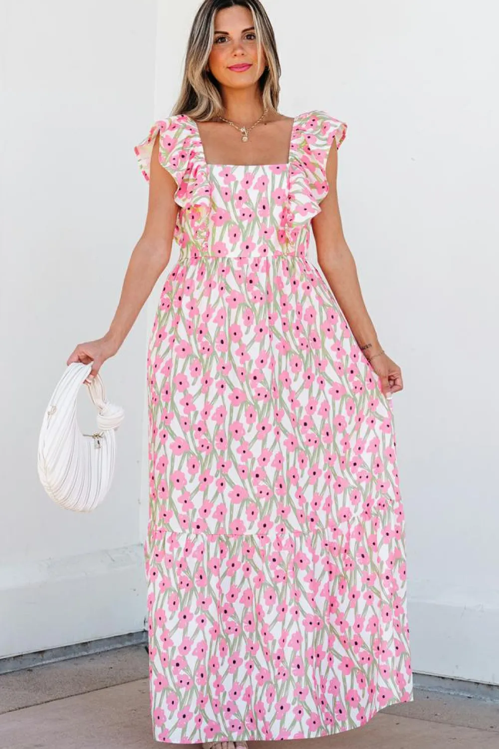 Fashion Dear-Lover Floral Print Square Neck Ruffled Strap Maxi Dress Pink