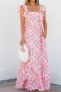 Fashion Dear-Lover Floral Print Square Neck Ruffled Strap Maxi Dress Pink