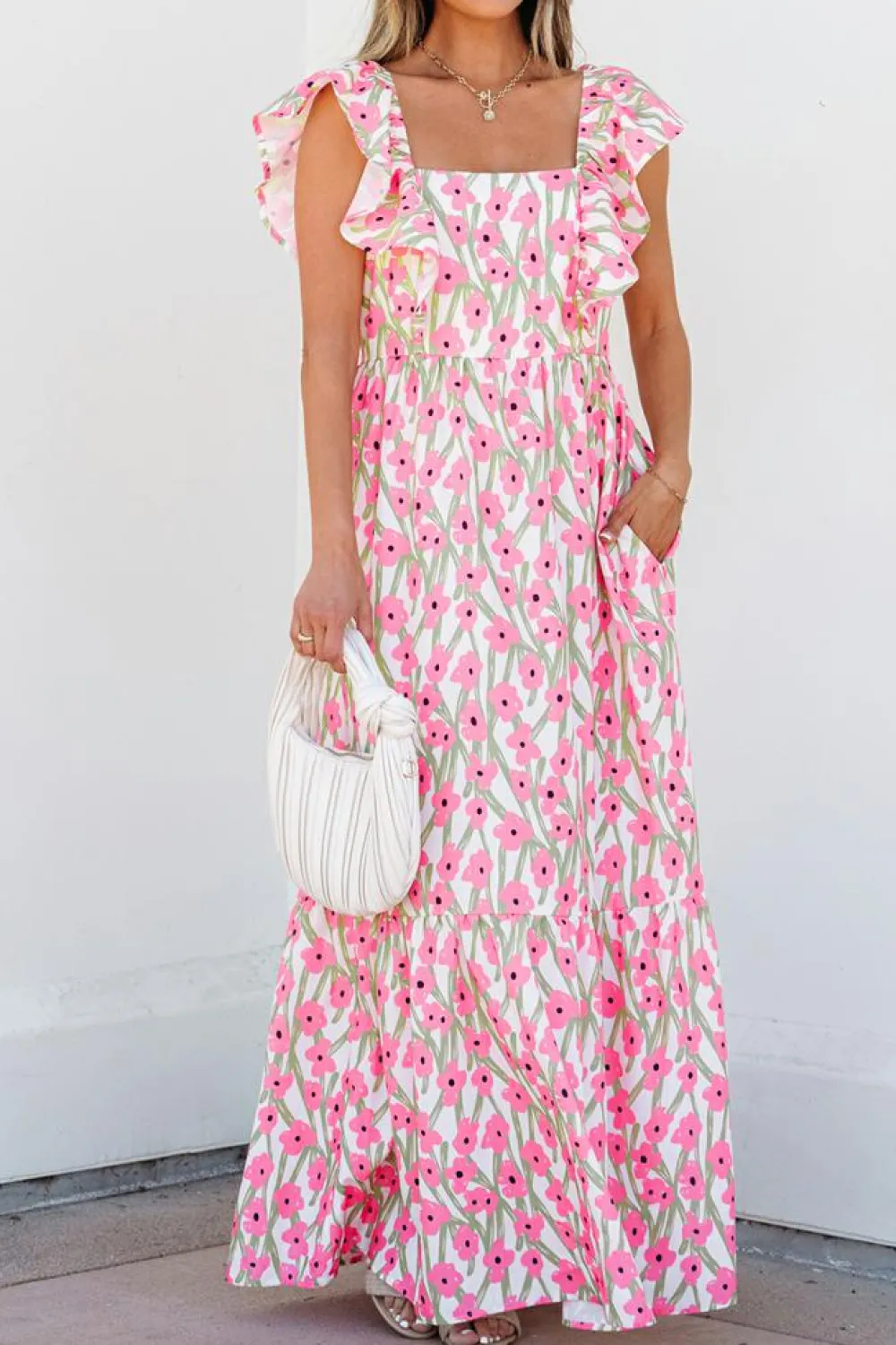 Fashion Dear-Lover Floral Print Square Neck Ruffled Strap Maxi Dress Pink