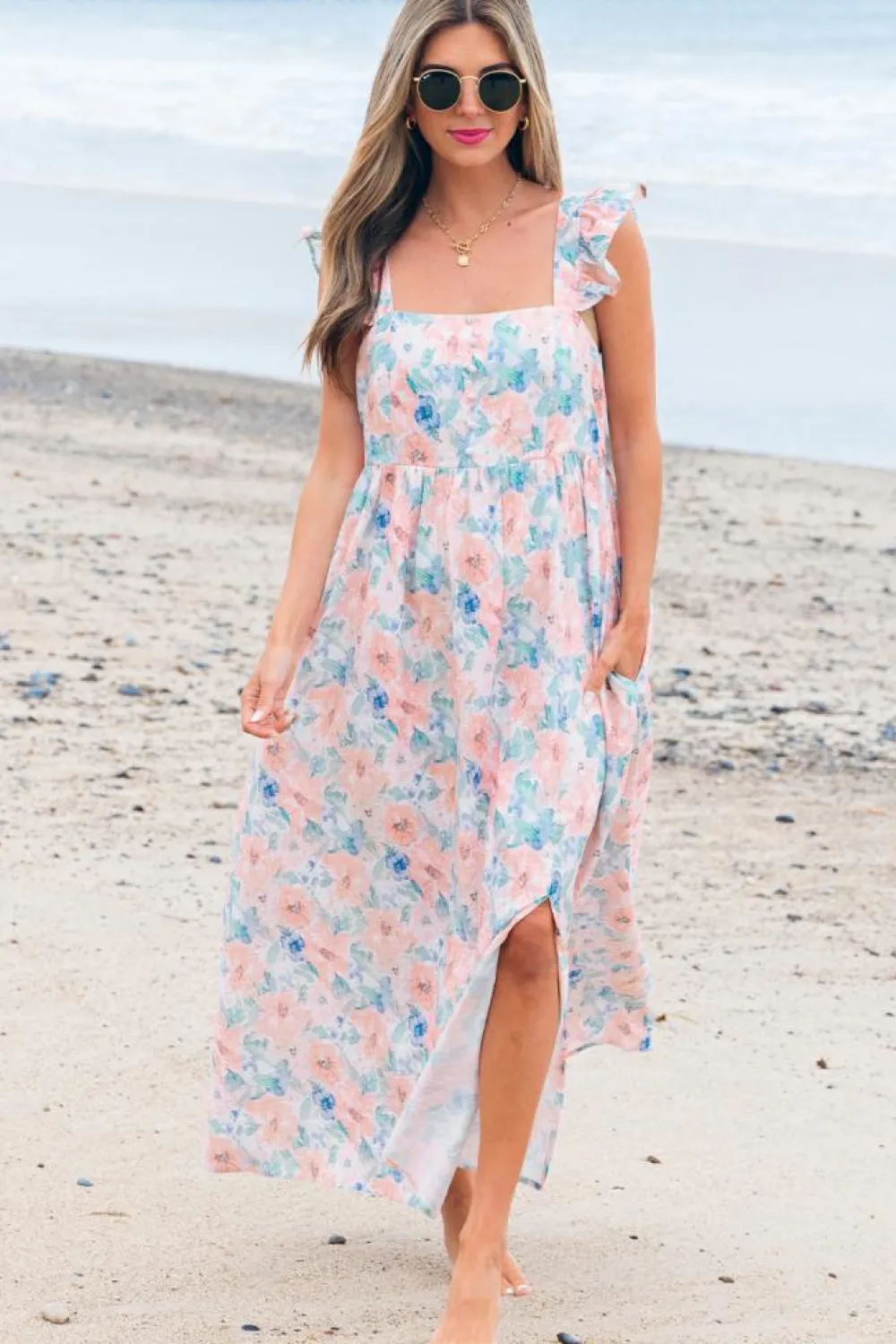 Online Dear-Lover Floral Print Square Neck Backless Long Dress with Slit Pink