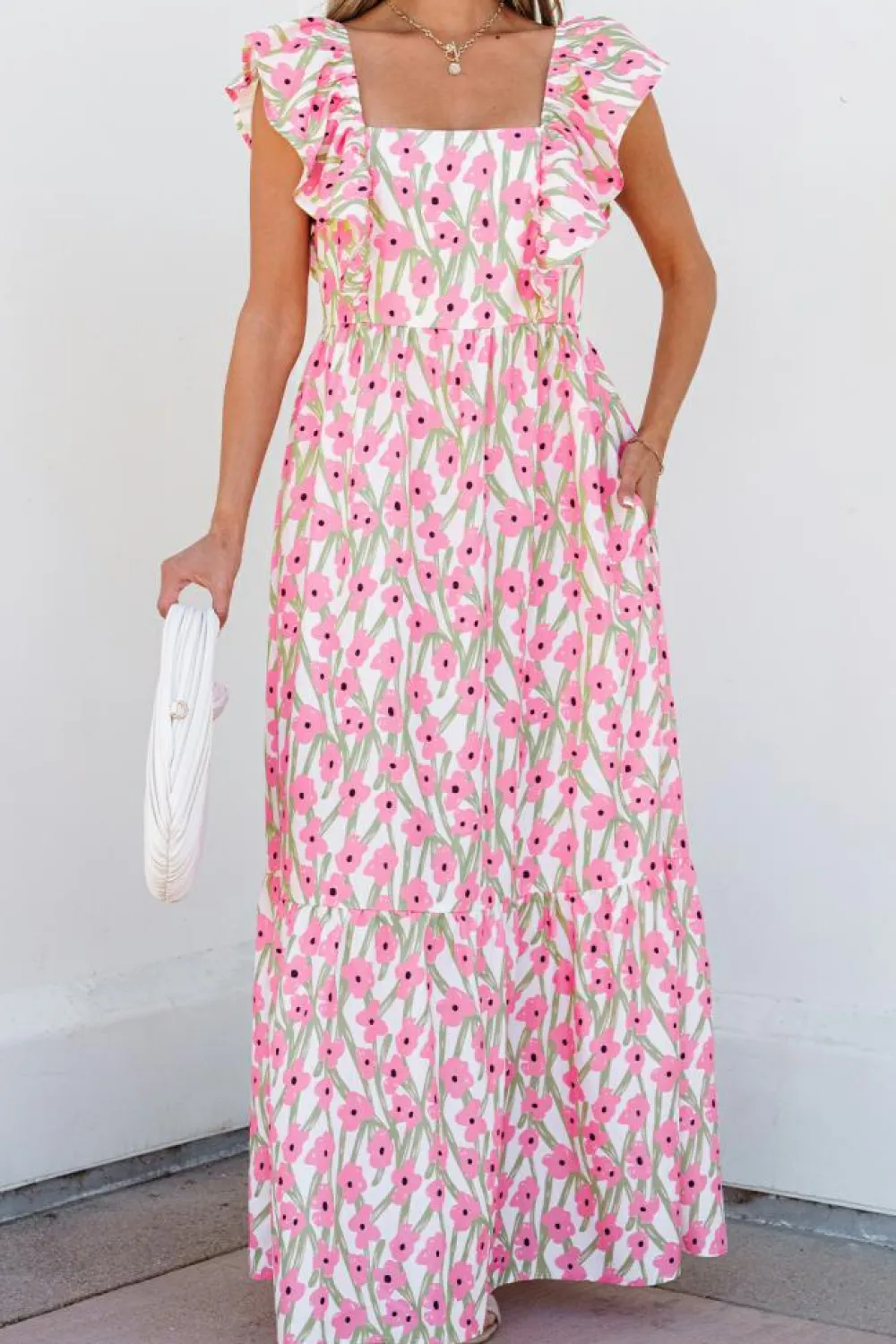 Fashion Dear-Lover Floral Print Square Neck Ruffled Strap Maxi Dress Pink