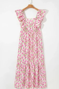Fashion Dear-Lover Floral Print Square Neck Ruffled Strap Maxi Dress Pink