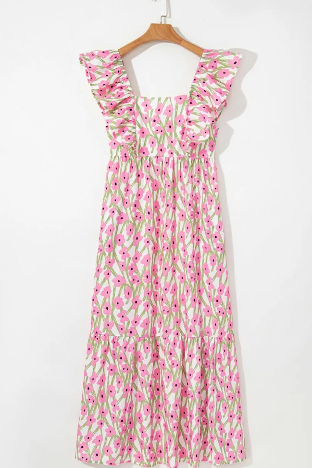 Fashion Dear-Lover Floral Print Square Neck Ruffled Strap Maxi Dress Pink