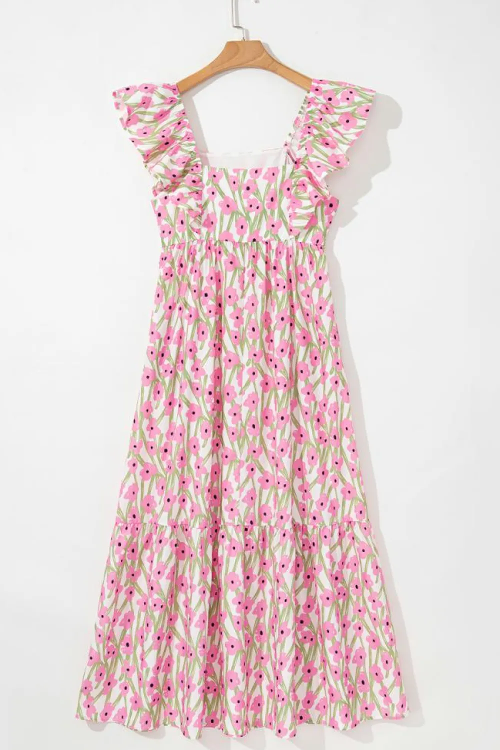 Fashion Dear-Lover Floral Print Square Neck Ruffled Strap Maxi Dress Pink