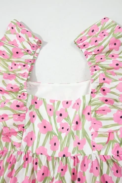 Fashion Dear-Lover Floral Print Square Neck Ruffled Strap Maxi Dress Pink