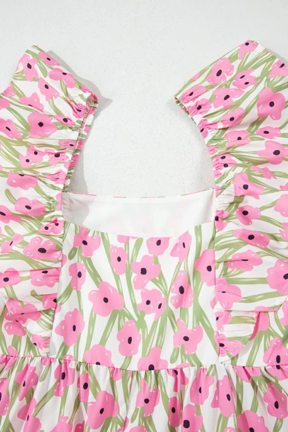 Fashion Dear-Lover Floral Print Square Neck Ruffled Strap Maxi Dress Pink