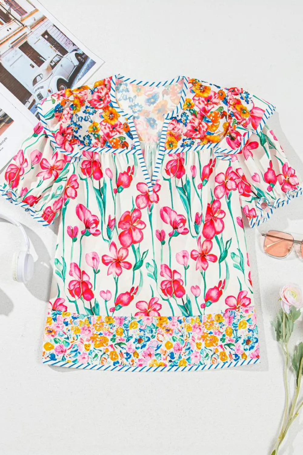 Sale Dear-Lover Floral Print Striped Detail Split Neck Short Sleeve Blouse Pink