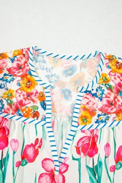 Sale Dear-Lover Floral Print Striped Detail Split Neck Short Sleeve Blouse Pink