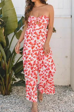 New Dear-Lover Floral Print Twisted Bandeau Keyhole Pleated Wide Leg Jumpsuit Pink
