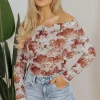 Fashion Dear-Lover Floral Printed Long Sleeve Sheath Bodysuit Pink