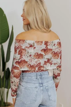 Fashion Dear-Lover Floral Printed Long Sleeve Sheath Bodysuit Pink
