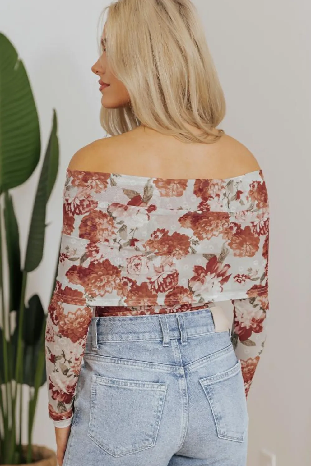 Fashion Dear-Lover Floral Printed Long Sleeve Sheath Bodysuit Pink