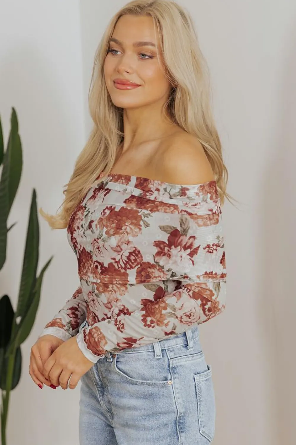 Fashion Dear-Lover Floral Printed Long Sleeve Sheath Bodysuit Pink