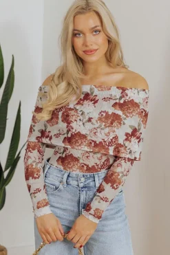 Fashion Dear-Lover Floral Printed Long Sleeve Sheath Bodysuit Pink