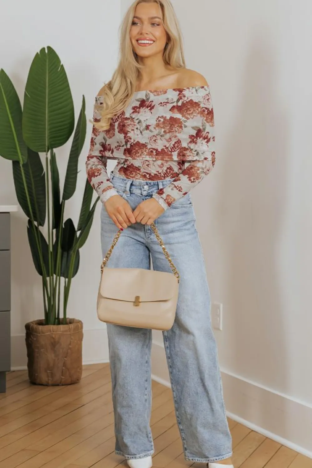 Fashion Dear-Lover Floral Printed Long Sleeve Sheath Bodysuit Pink