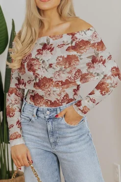 Fashion Dear-Lover Floral Printed Long Sleeve Sheath Bodysuit Pink