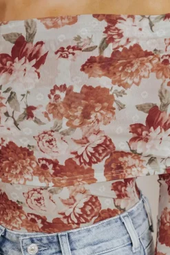 Fashion Dear-Lover Floral Printed Long Sleeve Sheath Bodysuit Pink