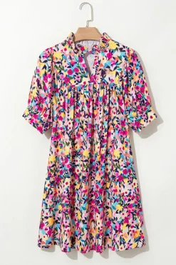 Clearance Dear-Lover Floral Puff Short Sleeve V Neck Mini Dress Pink