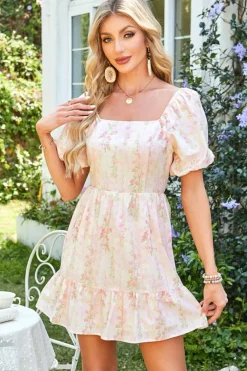 Fashion Dear-Lover Floral Puff Sleeve Square Neck Knotted Open Back Ruffled Mini Dress Pink