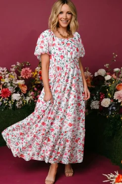 Outlet Dear-Lover Floral Puff Sleeve Square Neck Empire Waist Tiered Maxi Dress Pink