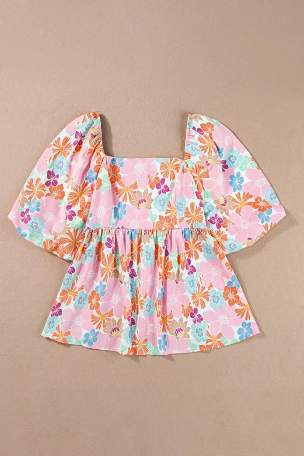 Hot Dear-Lover Floral Puff Sleeve Square Neck Babydoll Blouse Pink