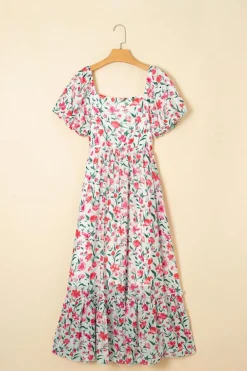 Outlet Dear-Lover Floral Puff Sleeve Square Neck Empire Waist Tiered Maxi Dress Pink