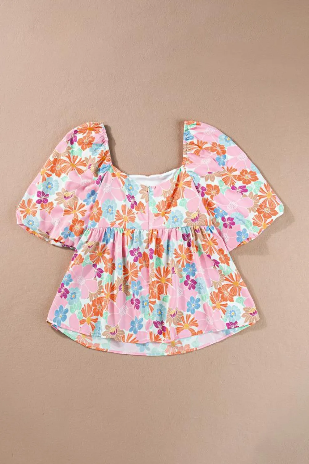 Hot Dear-Lover Floral Puff Sleeve Square Neck Babydoll Blouse Pink