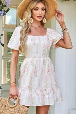 Fashion Dear-Lover Floral Puff Sleeve Square Neck Knotted Open Back Ruffled Mini Dress Pink