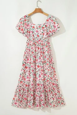 Outlet Dear-Lover Floral Puff Sleeve Square Neck Empire Waist Tiered Maxi Dress Pink