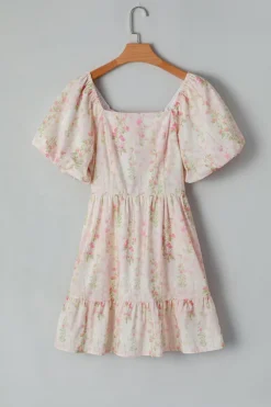 Fashion Dear-Lover Floral Puff Sleeve Square Neck Knotted Open Back Ruffled Mini Dress Pink
