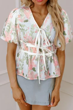 Fashion Dear-Lover Floral Puff Sleeve V Neck Tied Front Peplum Blouse Pink