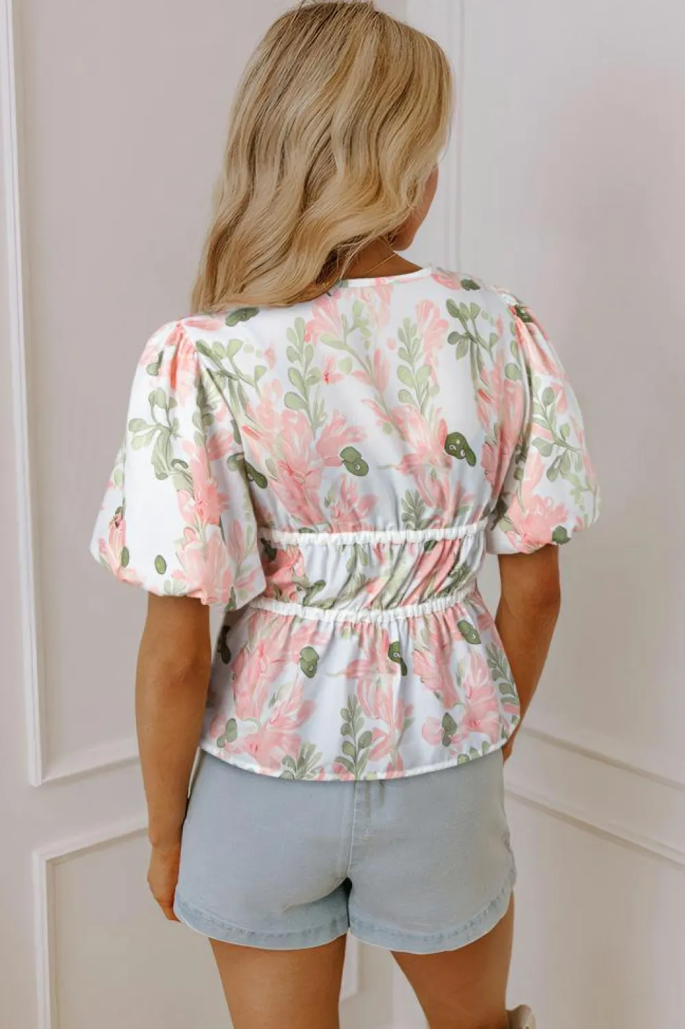 Fashion Dear-Lover Floral Puff Sleeve V Neck Tied Front Peplum Blouse Pink