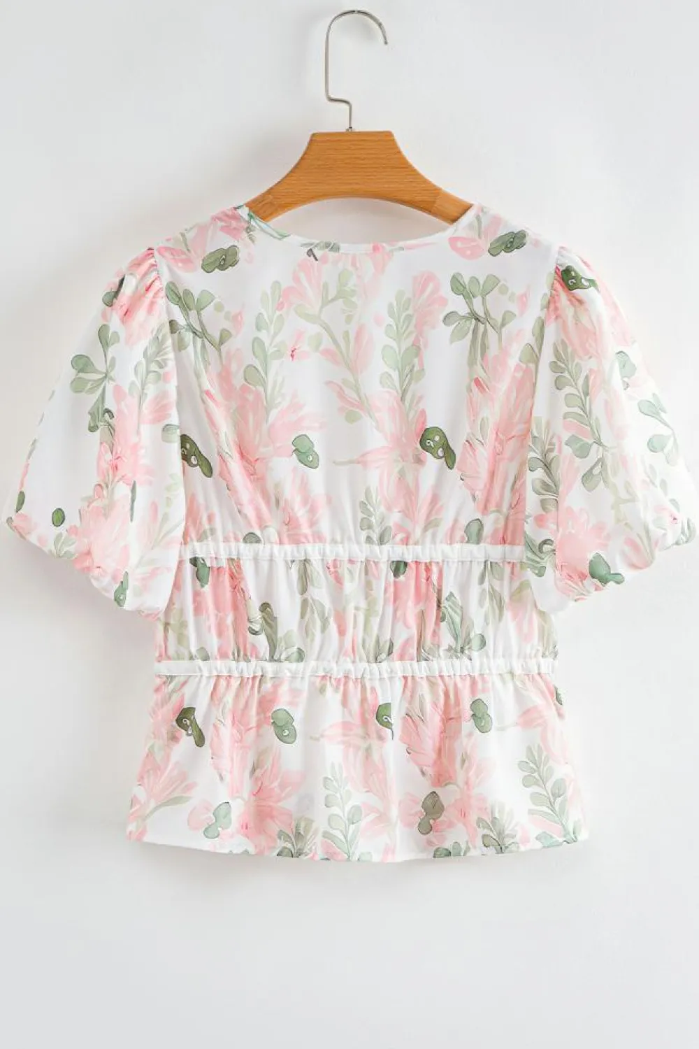 Fashion Dear-Lover Floral Puff Sleeve V Neck Tied Front Peplum Blouse Pink