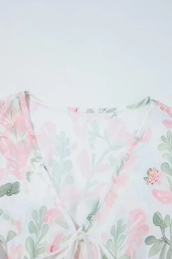 Fashion Dear-Lover Floral Puff Sleeve V Neck Tied Front Peplum Blouse Pink