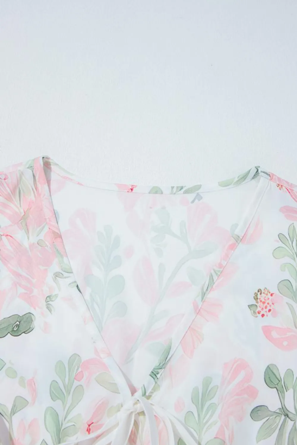 Fashion Dear-Lover Floral Puff Sleeve V Neck Tied Front Peplum Blouse Pink