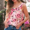 Fashion Dear-Lover Floral Round Neck Twisted Cut Out Back Tank Top Pink