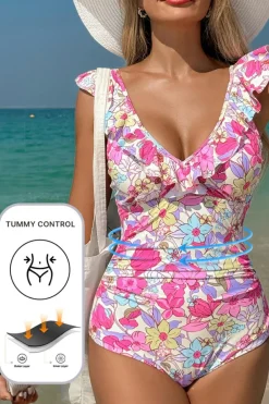 Fashion Dear-Lover Floral Ruffle Trim V Neck Lace-up Back Tummy Control One Piece Swimsuit Pink