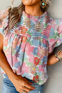 Online Dear-Lover Floral Ruffled Flutter Sleeve Pleated Blouse Pink
