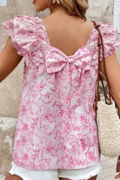 New Dear-Lover Floral Ruffled Short Sleeve Bow Back Square Neck Blouse Pink