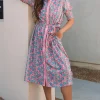 Discount Dear-Lover Floral Shirred Puff Sleeve Buttoned Front Midi Dress with Sash Pink