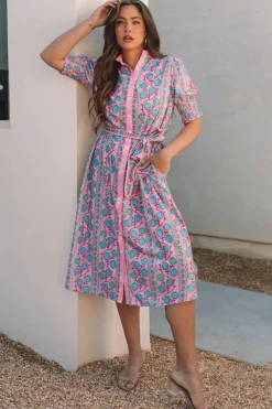 Discount Dear-Lover Floral Shirred Puff Sleeve Buttoned Front Midi Dress with Sash Pink