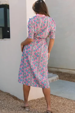 Discount Dear-Lover Floral Shirred Puff Sleeve Buttoned Front Midi Dress with Sash Pink
