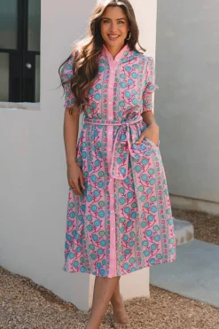 Discount Dear-Lover Floral Shirred Puff Sleeve Buttoned Front Midi Dress with Sash Pink