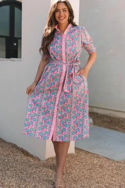 Discount Dear-Lover Floral Shirred Puff Sleeve Buttoned Front Midi Dress with Sash Pink