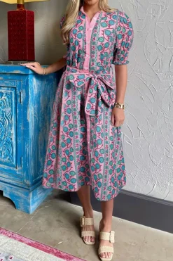 Discount Dear-Lover Floral Shirred Puff Sleeve Buttoned Front Midi Dress with Sash Pink