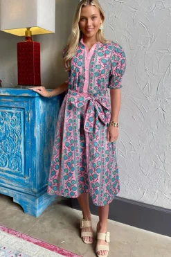 Discount Dear-Lover Floral Shirred Puff Sleeve Buttoned Front Midi Dress with Sash Pink