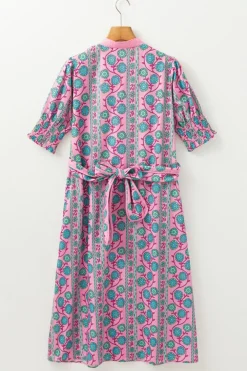 Discount Dear-Lover Floral Shirred Puff Sleeve Buttoned Front Midi Dress with Sash Pink